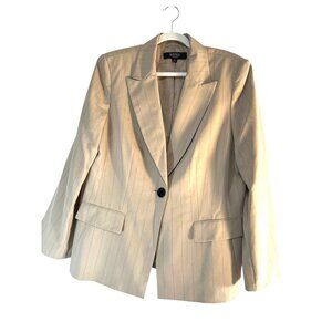 Kasper Classics Womens Blazer Beige with Black Pin Stripes One Button Padded Sho